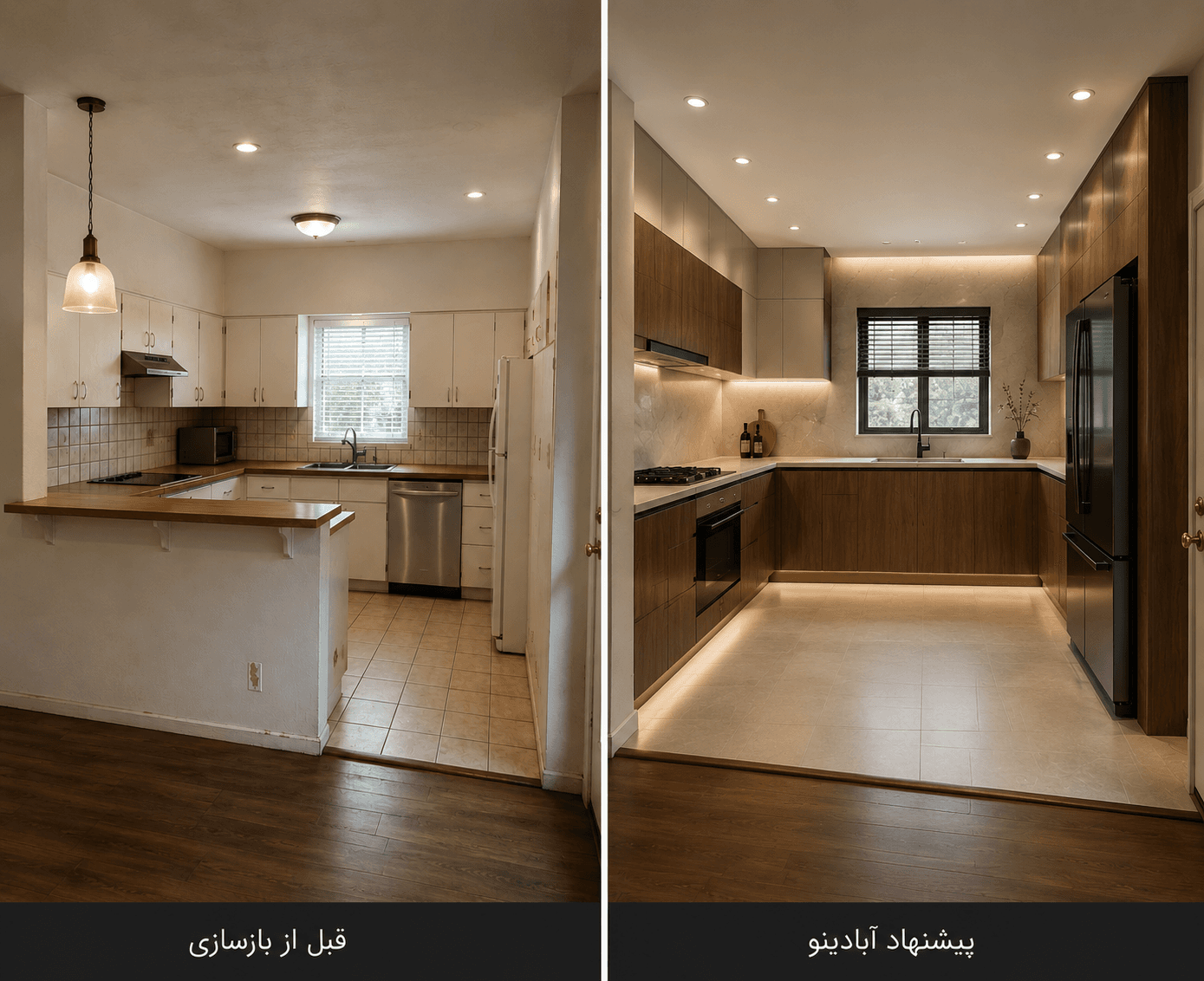 تصویر پیش و پس از بازسازی آشپزخانه